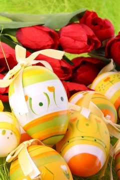 Easter egga with red tulips on green spring background