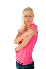 blonde in a pink blouse and blue jeans
