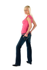 blonde in a pink blouse and blue jeans and black shoes