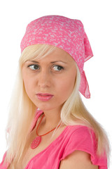 blonde in a pink blouse