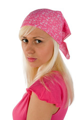 blonde in a pink blouse