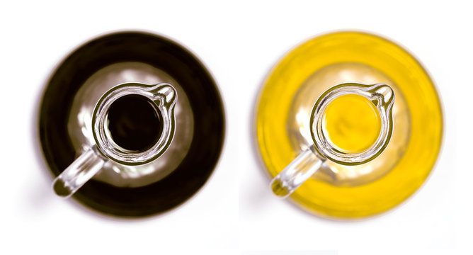 balsamic vinegar and olive oil twin bottles top view
