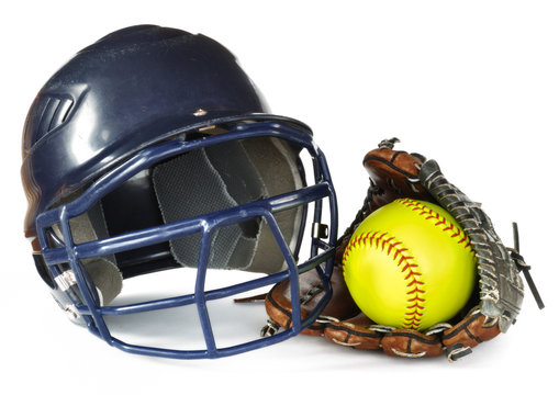 Helmet, Yellow Softball, And Glove