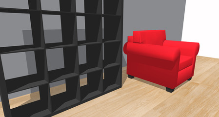 bibliotheque et fauteuil rouge