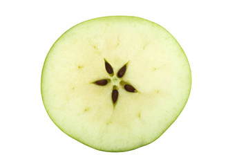Half of a green apple with five seeds