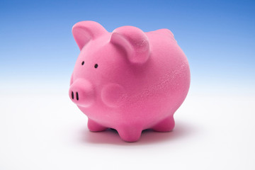 Piggy bank style money box on a blue studio background.