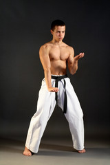 Young sporty karate man doing special exercise on gray backgroun © Andrey Ushakov