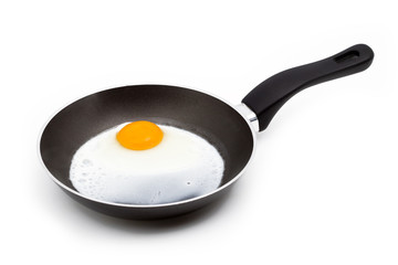 a baked egg in a pan isolated on white