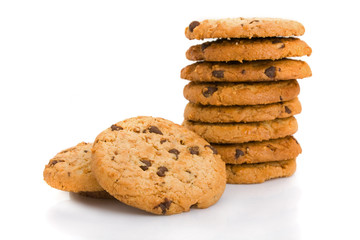 Pile of chocolate chip cookies isolated on white background.
