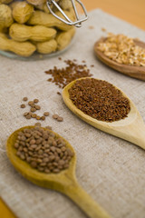 spoons, grain and legumes