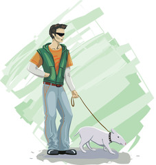 Vector illustration of the young man with a dog
