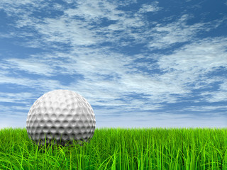 conceptual 3D golf ball on green grass over a blue sky
