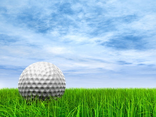 conceptual 3D golf ball on green grass over a blue sky