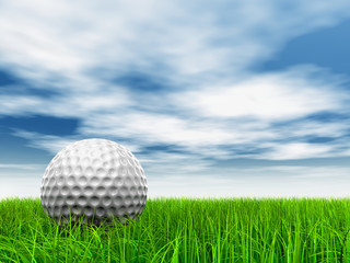 conceptual 3D golf ball on green grass over a blue sky