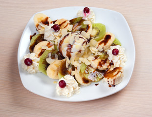 fruit salad with nut and icecream