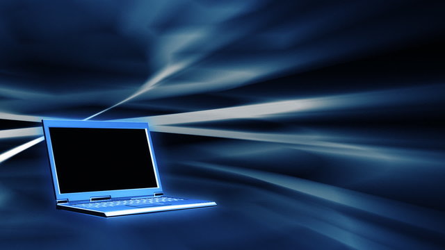 Laptop opening and rotating against abstract background,loop