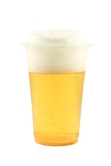Plastic cup with beer and froth isolated on white