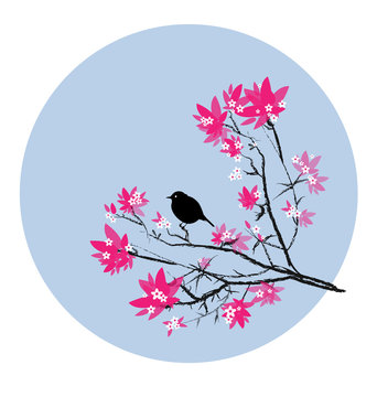 recommend clip art: Petit oiseau noir sur branche de cerisier rose et noir dans cerc