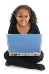 Girl with Laptop wearing dance uniform.