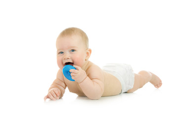 Laying small baby with a toy isolated