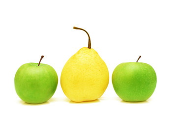 Pear and apples in a row.