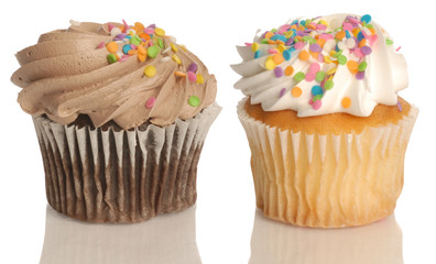 chocolate and vanilla cupcake with colorful sprinkles