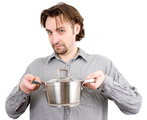 man with a saucepan