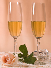 Two glasses  with by champagne and rose