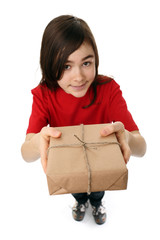 Young girl holding carton package isolated on white