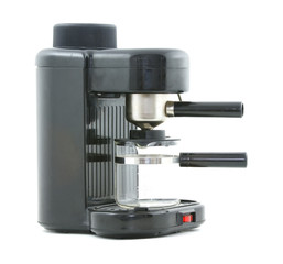 Common espresso machine appliance with glass carafe.
