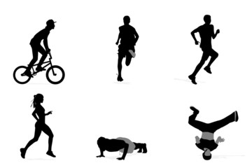 six young athlete silhouettes, vector collection