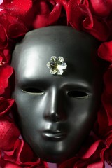 Black carnival mask with red rose petals