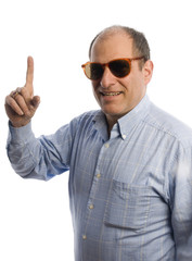 smiling man with finger pointing number one