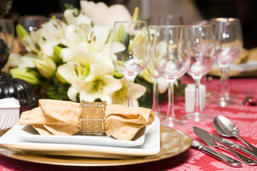 Fancy table set for a wedding celebration