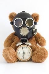 The Nursery toy, gas mask, old watch on white background.