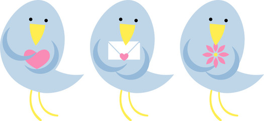 Dreiteiliges Set: Vogel mit Herz / Brief / Blume (Cartoon)