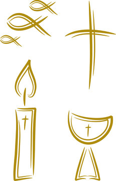 Vierteiliges Set: Religion (Kreuz, Kerze, Fisch, Kelch)
