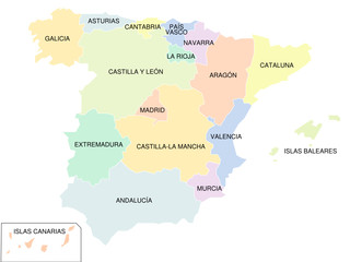 Spanien - Karte der autonomen Regionen, farbig