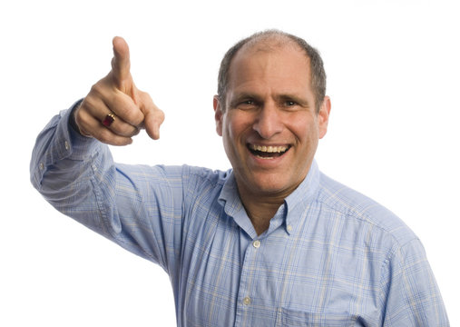 man with finger pointing at viewer positive happy successful