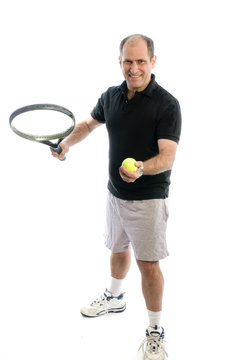 active senior man playing tennis with beer belly