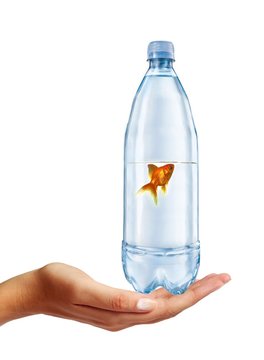 Bottle of mineral water in a hand with a golden fish