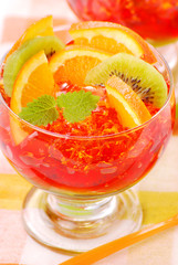 three colour jelly with fruits