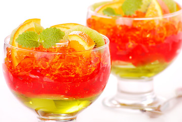 three colour jelly with fruits
