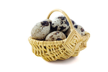 Has sung eggs in a basket, on a white background