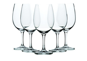Five wine glasses isolated on white