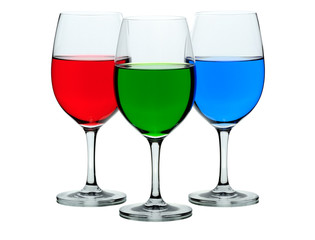 Three coloured wine glasses isolated on white