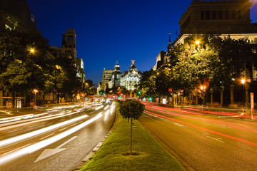 Traffic in night Madrid, Spain