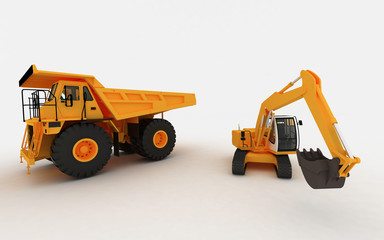 Yellow Excavator and Yellow Dump