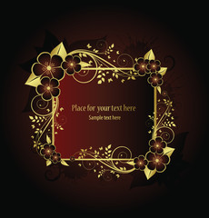 Golden floral frame on red background