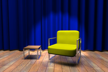 Blue curtain stage with a sofa